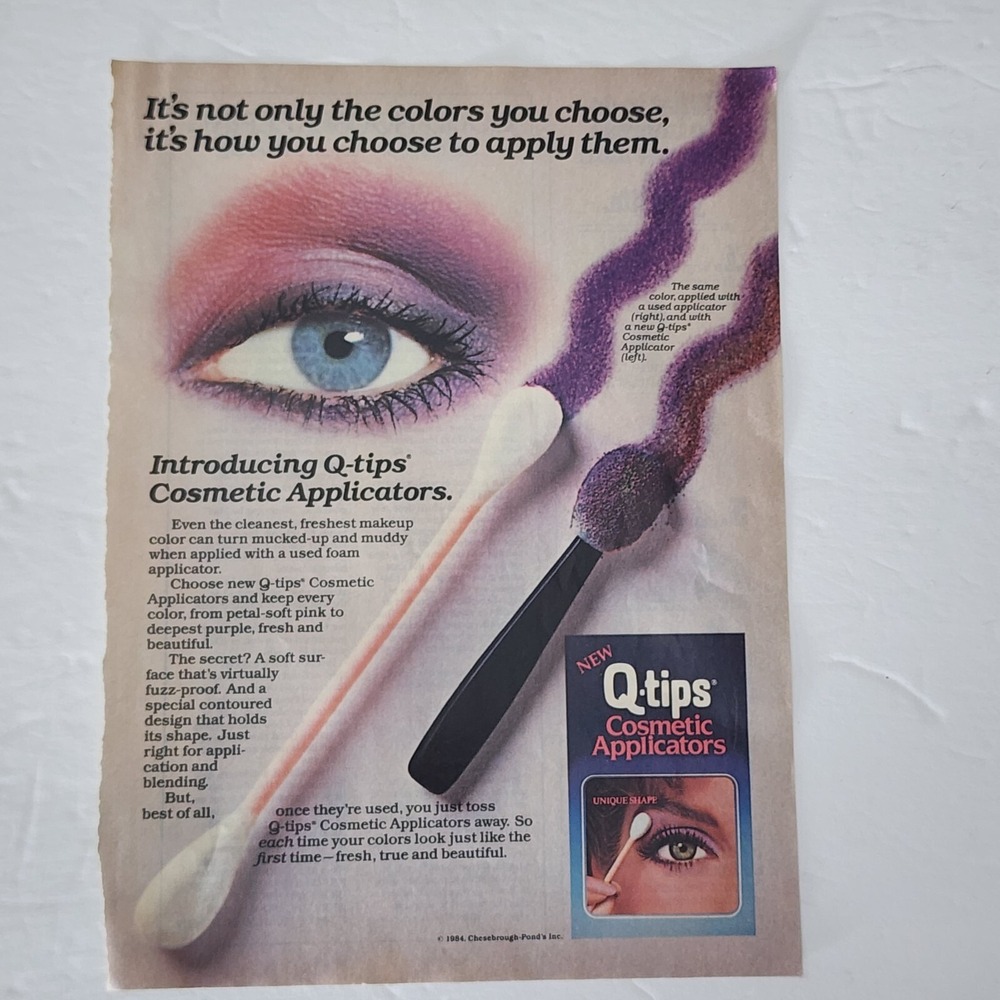 Vintage 1985 Q-tips Cosmetic Applicators Print Ad Makeup Art Clipping 8x11